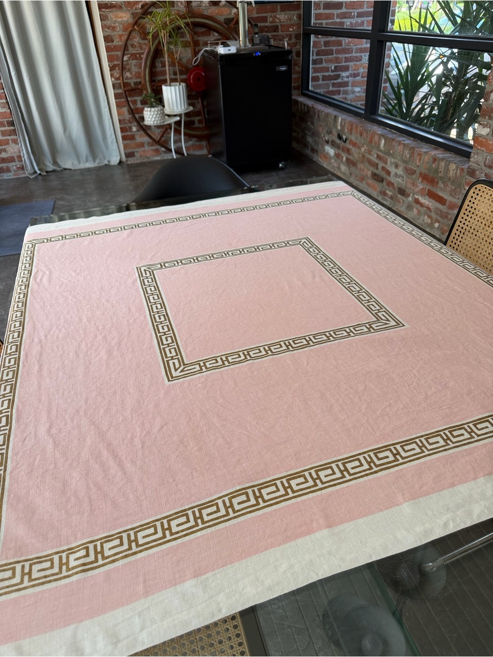 Vintage Linen Tablecloth 50x50 Pink Metallic Gold Greek Key Regency